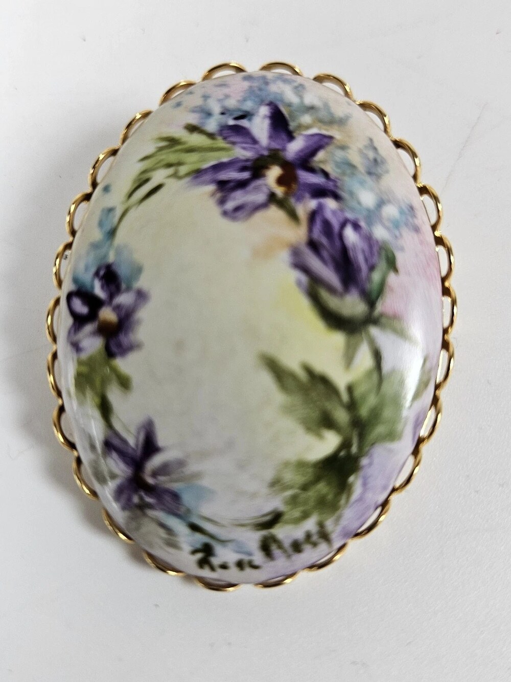 Hand Painted Porcelain Brooch Pin Purple Floral Artist Signed Gold 2in